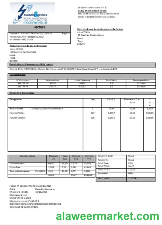 France Energies & Services Regie Municipal d' Electricite Sarre-Union electricity utility bill